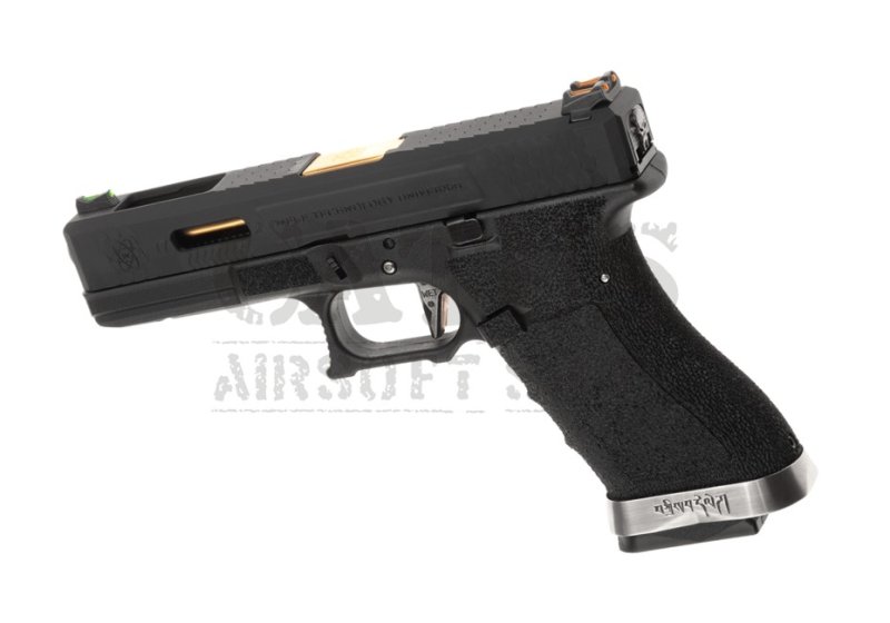 WE airsoftová pistole GBB WE17 Custom BK Gold Barrel Kovová verze Zelený plyn Černá 