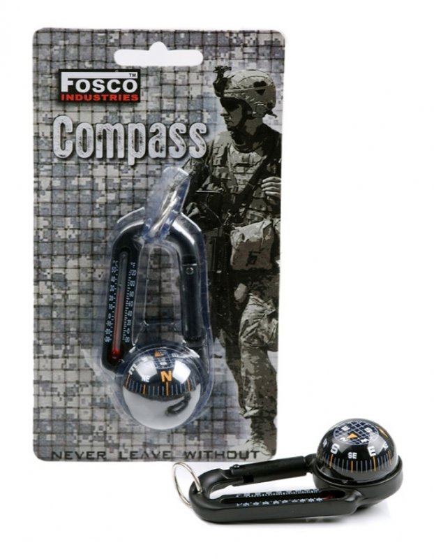 Kovová karabína s kompasom a teplomerom Fosco Čierna 
